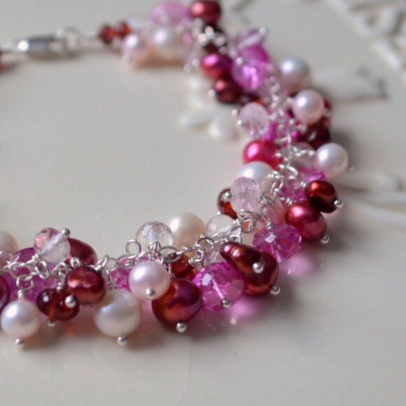 Valentine's Day Cluster Bracelet with Pearls Garnets and Morganite - Picture 3 of 5